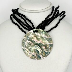 NEW Vintage 17” Necklace Round Abalone Shell With Black Beads